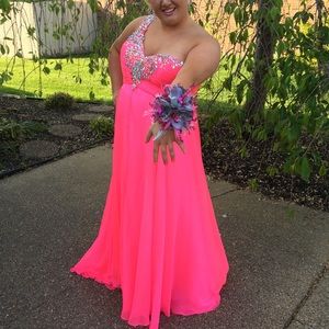 One strapped hot pink prom dress